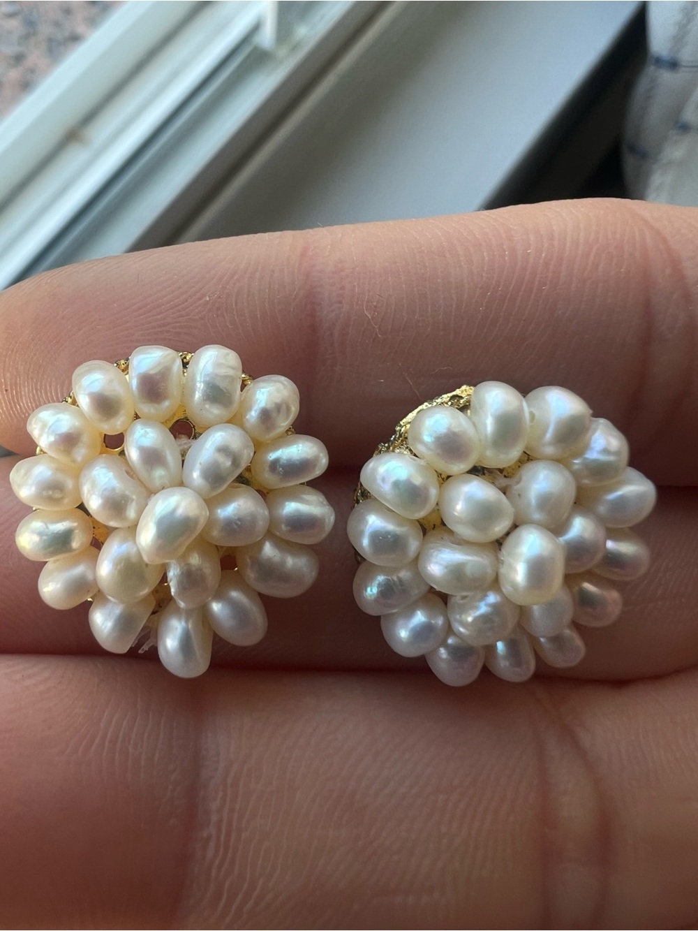 Pearl Cluster Button Earrings - Gold Tone